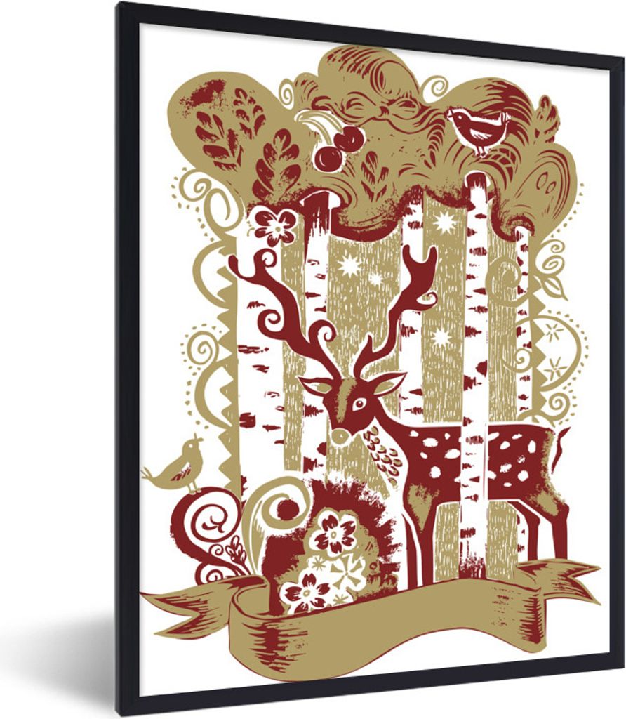 MuchoWow Gerahmtes Poster Eine festliche Illustration eines Rehs im Wald 60x80 cm - Poster mit Schwarzem Bilderrahmen Wandposter Rahmen Foto Bild...