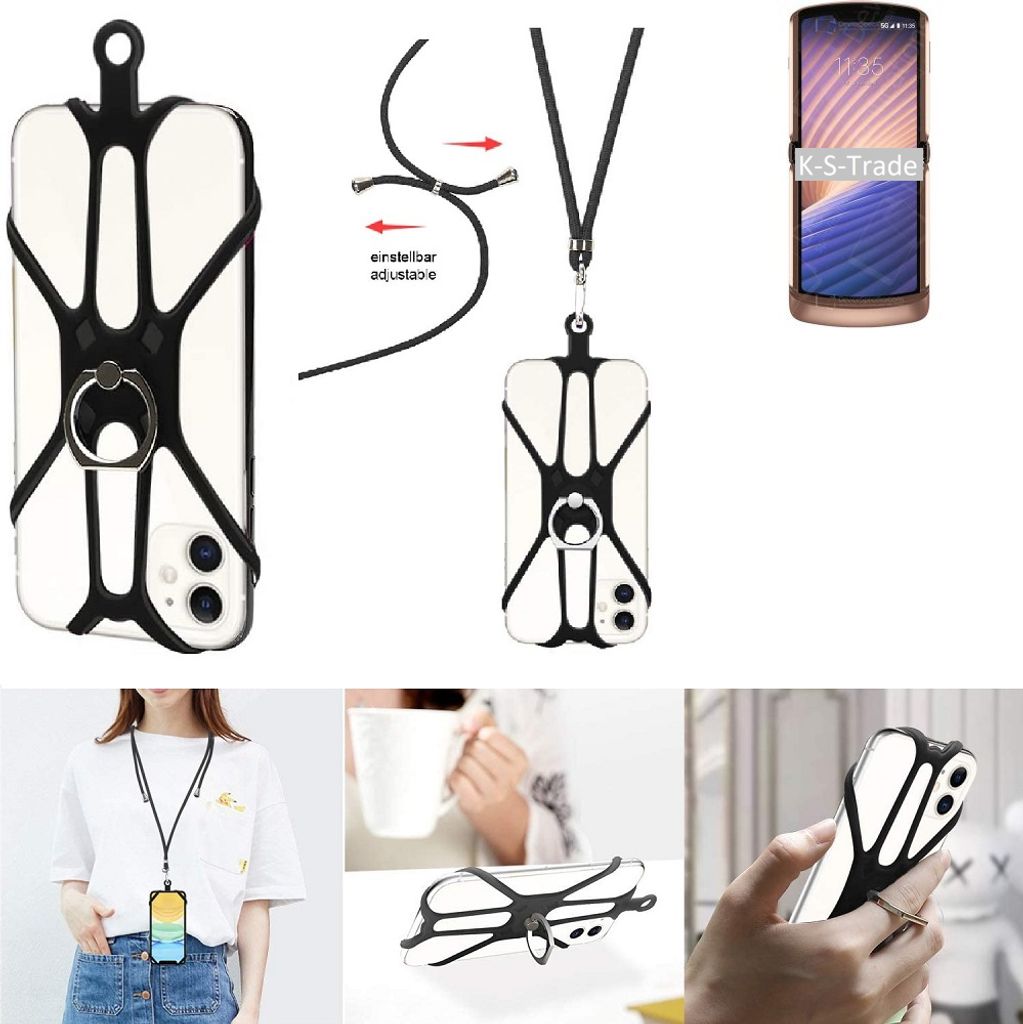 K-S-Trade 3in1 Handykette Handyband Handykordel Halsband Smartphone-Ring Handy-Ring kompatibel mit Motorola Moto G9 Power Fingerhalterung Handyring