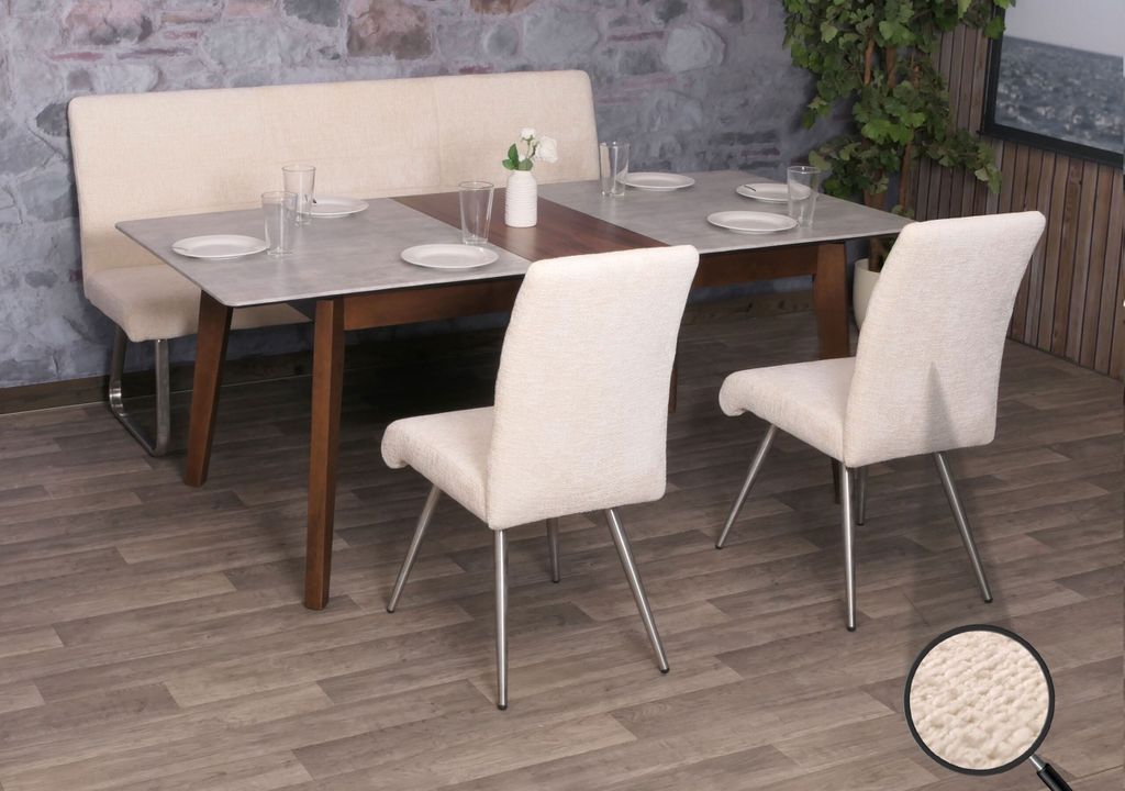 Esszimmer-Set MCW-G55, 2er-Set Stuhl + Sitzbank 180cm, Edelstahl gebürstet Stoff/Textil Chenille creme