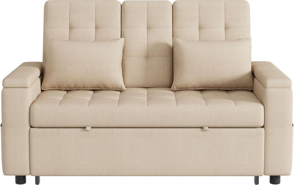 okwish Verstellbarer Klappsofa Zweisitzer-Loungesofa mit drei Winkel-Rückenlehne,Schlafsofa mit zwei Kissen und Staufächern,Beige