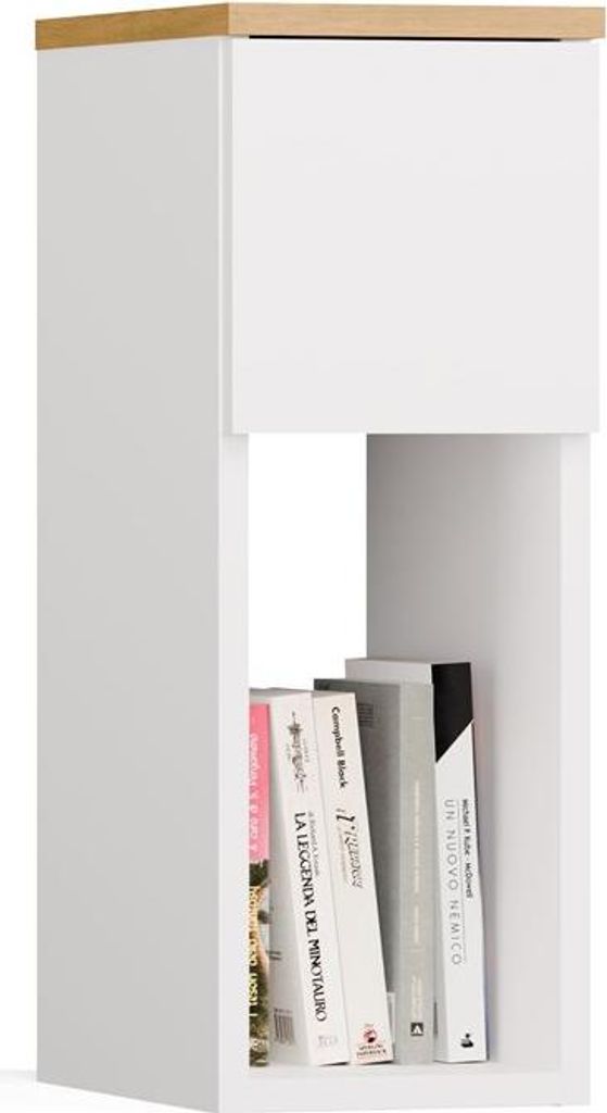A white nightstand with a wooden top and a shelf holding several books.