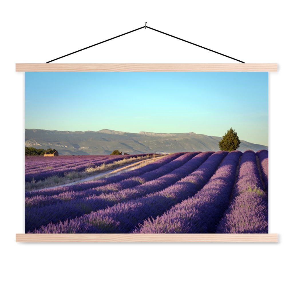 MuchoWow Textilposter Blühende Lavendelfelder auf der Hochebene von Valensole in Südfrankreich. 120x80 cm mit holzfarbenen Rahmen - Aufhängeset