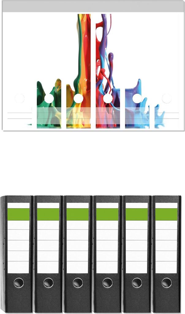 Wallario 6 Stück breite Ordner inkl. Klebeetiketten mit Motive Farbklecks von links - Bunte Farben auf Abwegen - Set mit Rückenschildern / Ordne...