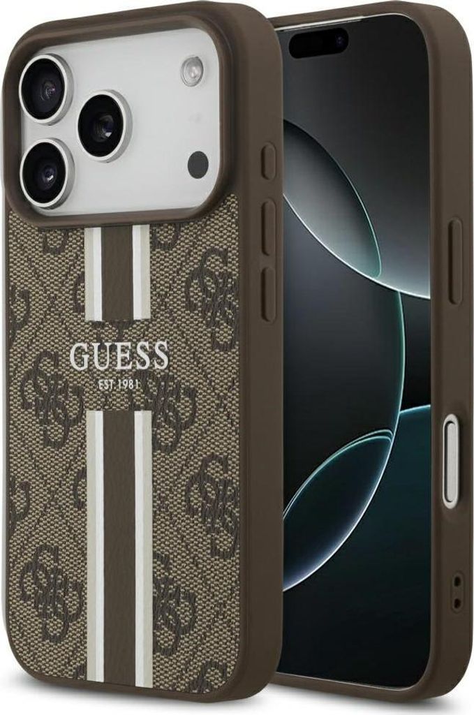 Handyhülle Case iPhone 17 Pro Max Guess MagSafe Kunstleder braun Logo Streifen