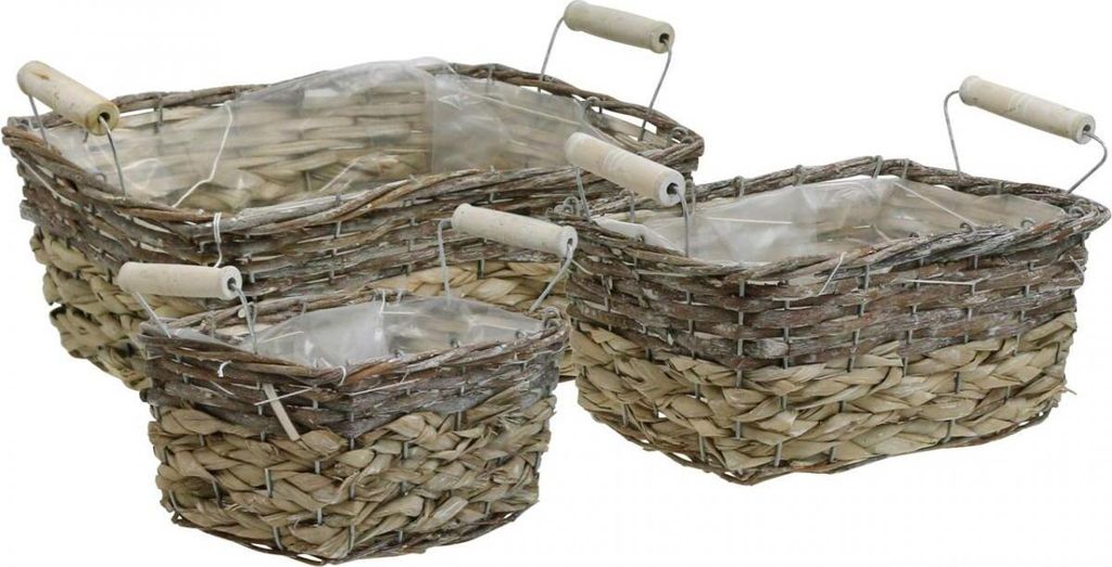 3er-Set Pflanzkorb Shabby Chic Weiß gewaschen - Naturgefäß eckig mit Henkeln - Dekokorb Blumenkorb - Größen L30/25,5/21cm H12/11/10cm