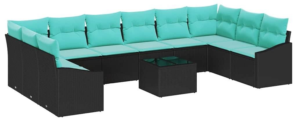Sofa Set mit Kissen 11 pcs Schwarz Poly Rattan