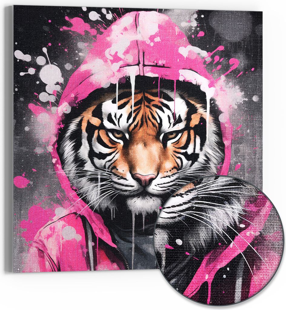 DEQOART Hybrid Leinwand Bild 30x30 cm 'Tiger in Pink' Wandbild Glas flach modern