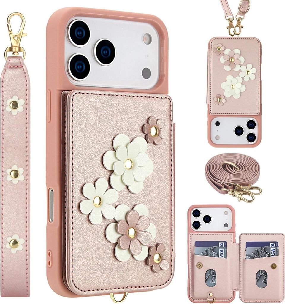 Crossbody Kunstleder Hülle für Apple iPhone 17 Pro Max mit Blumenmotiv & Kartenfach Rose Gold