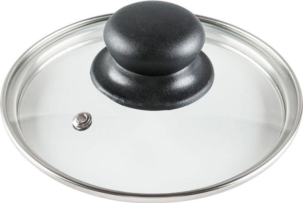 A close-up studio shot of a glass pot lid with a black handle and a silver rim.