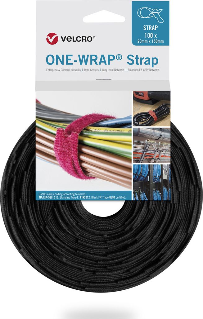 VELCRO One Wrap Strap 20mm x 200mm, 100 Stück, schwarz