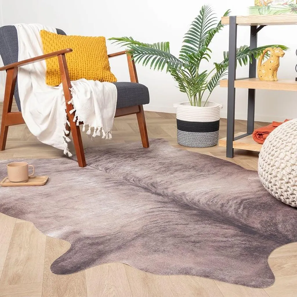 Tapis peau de vache Gris Marron Volero 155x190 cm cuir haut de gamme