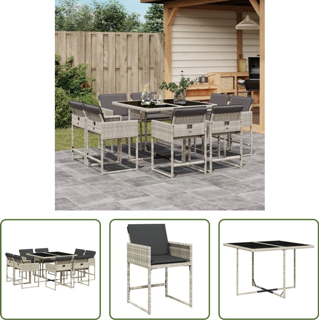 The Living Store 9-tlg. Garten-Essgruppe mit Kissen Hellgrau Poly Rattan