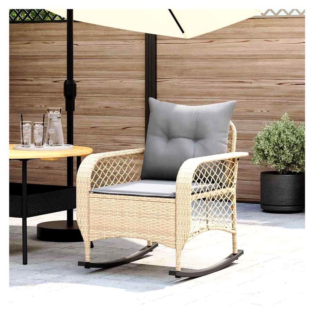 Bequemer Garten-Schaukelstuhl aus PE-Rattan mit Kissen, beige, 67x75x75 cm