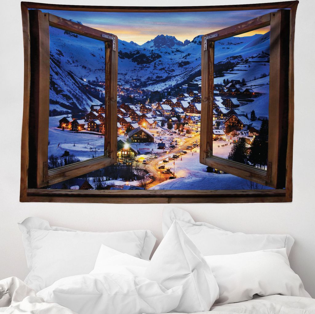 ABAKUHAUS Landschaft Wandteppich, Wintersaison Ort aus Weiches Mikrofaser Stoff Waschbar ohne Verblassen Digitaldruck, 150 x 110 cm, Mehrfarbig