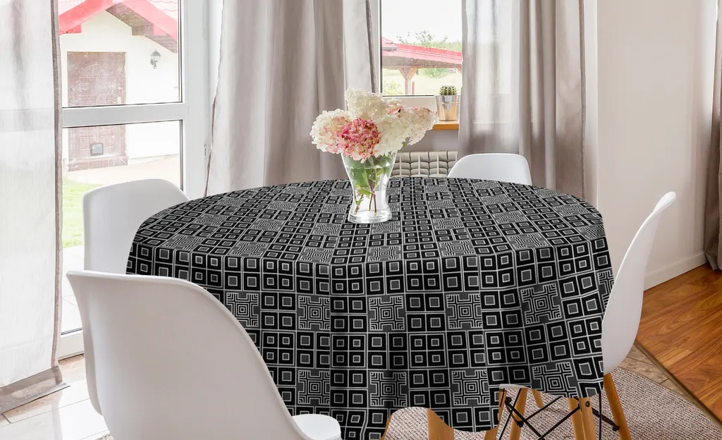 Tovaglia Rotonda 150 cm ABAKUHAUS Geometrica Nero Grigio e Bianco