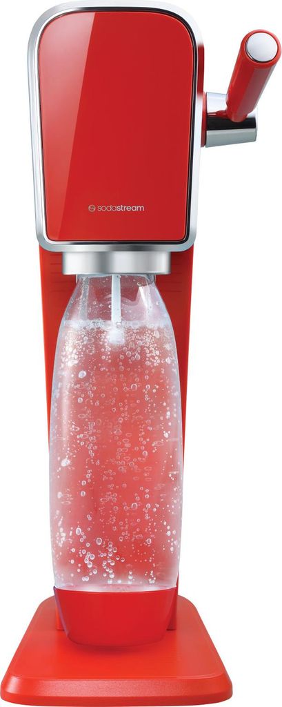 A red SodaStream Art machine with a bottle of carbonated liquid.