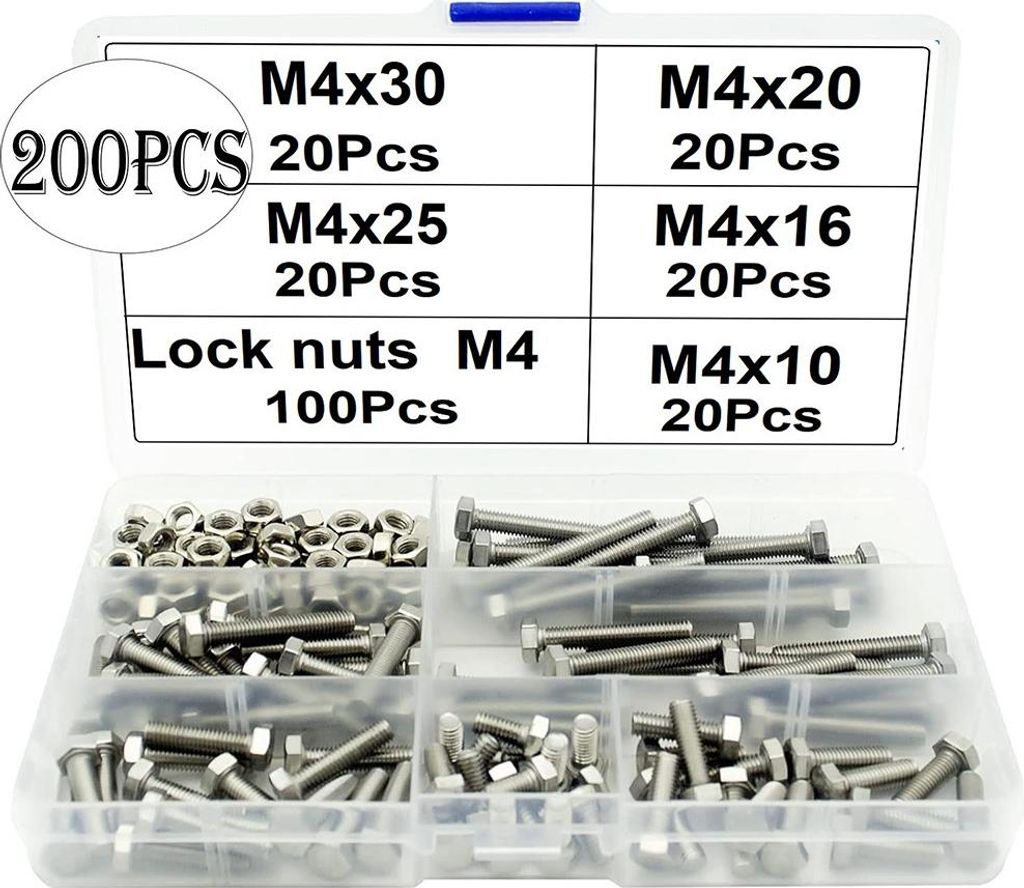 INF 200 Stück M4 Sechskantschrauben und Muttern Set Edelstahl - Vielseitiges Befestigungsset