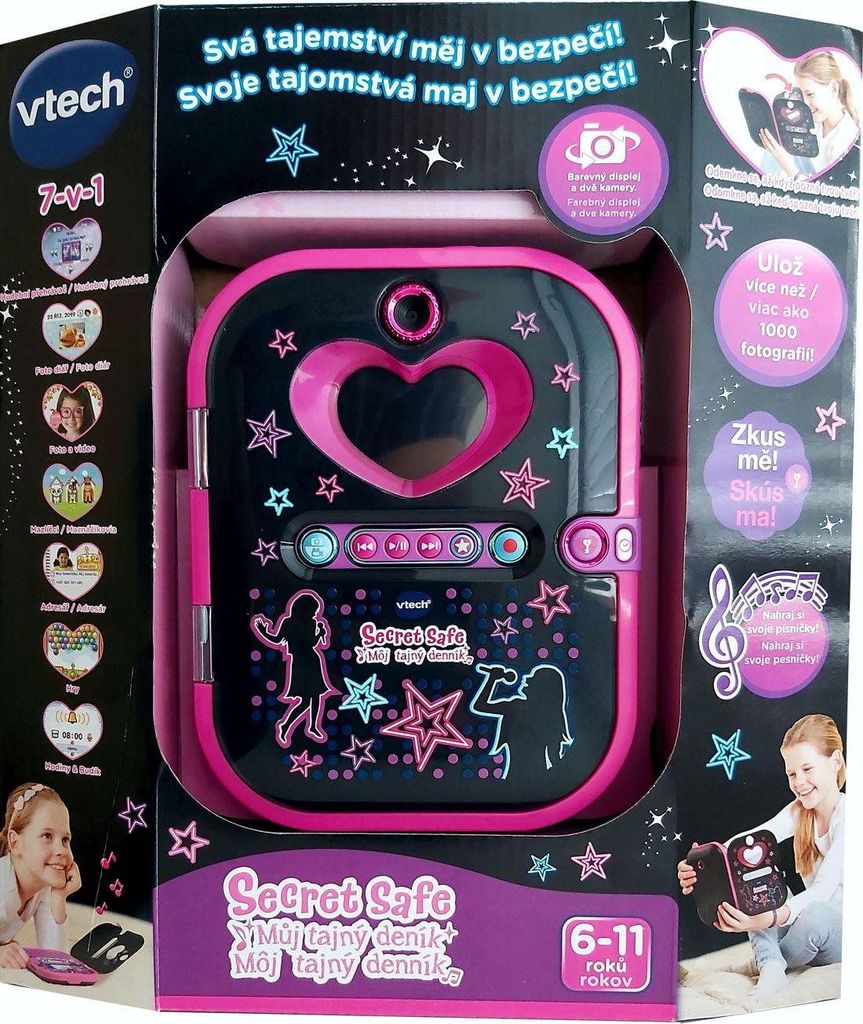 The image shows the Vtech Kidi Secret Safe diary in its retail packaging. The packaging is black with pink accents and features images of the product, its features, and children interacting with it.