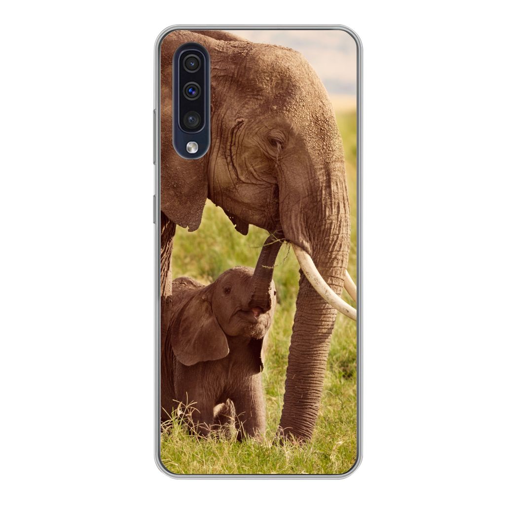 MuchoWow Handyhülle Schutzhülle Hülle für Samsung Galaxy A50 Elefant - Gras - Jung - Rüssel Silikon Softcase Handy Hülle - Mobiltelefonhülle