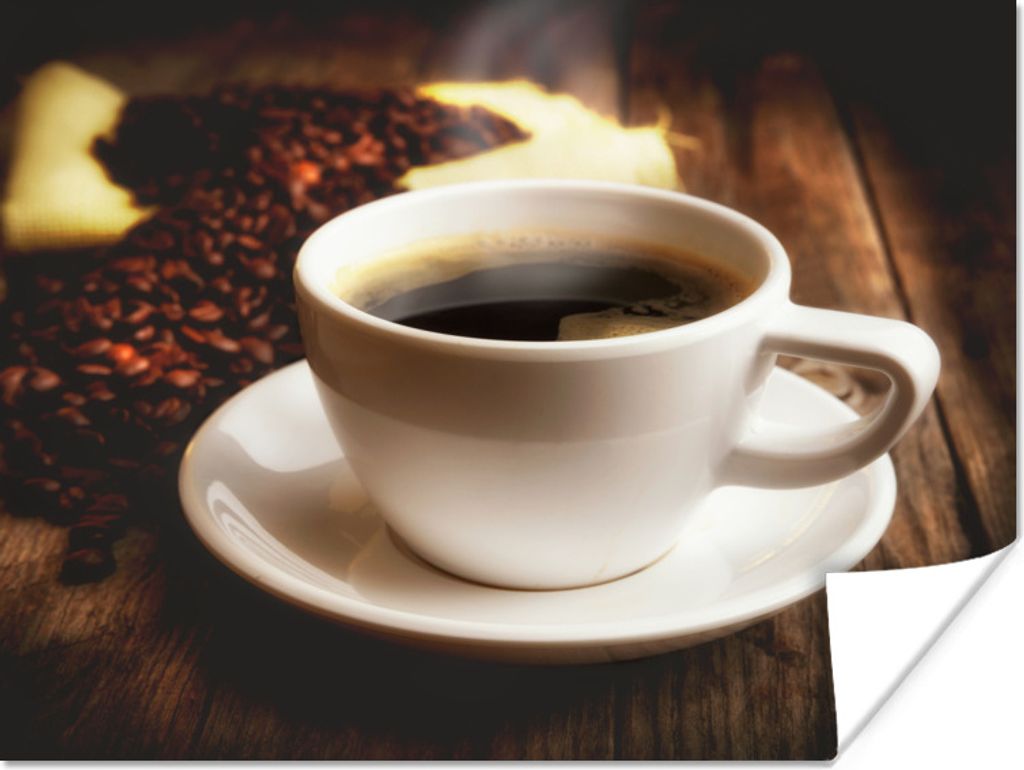 MuchoWow Poster Eine heiße Tasse Kaffee mit Kaffeebohnen 160x120 cm - Foto Plakat