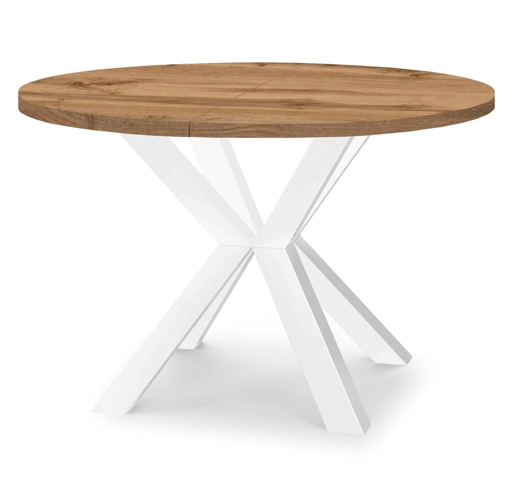 Runder Ausziehbarer Tisch für Esszimmer RAL mit Holzbeinen, Loft-Stil, Industriel, Durchmesser: 120 / 220 cm, Farbe: Eiche Wotan / Weiß