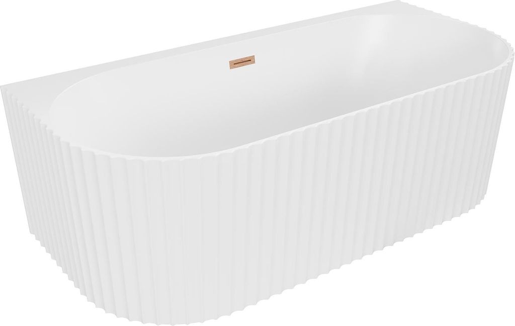 Mexen Sella freistehende wandnahe gefräste Wanne 150 x 75 cm, weiß matt, Überlauf, gebürstetes Kupfer - 52711507501-65