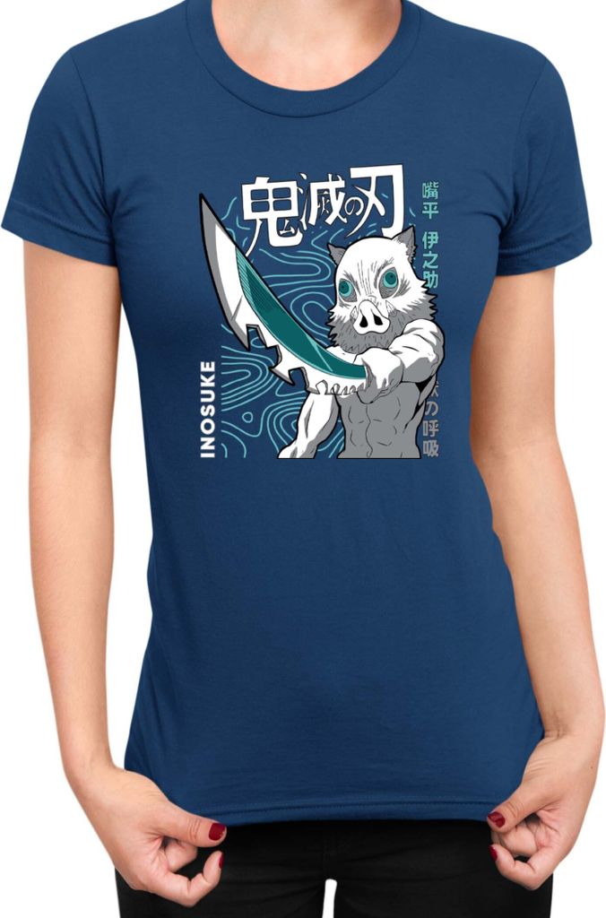 Damen T-Shirt Demon Anime Slayer Kimetsu No Yaiba Inosuke Hashibara 004, Lady 2XL / Dunkelblau