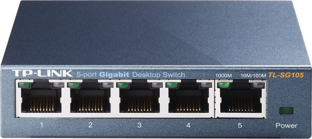 A close-up front view of a TP-LINK 5-port Gigabit Desktop Switch.