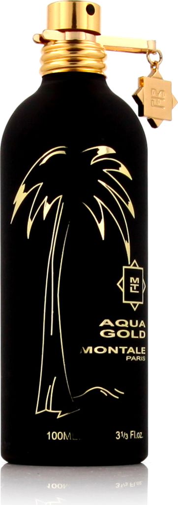 A black perfume bottle with gold accents and a palm tree design.
