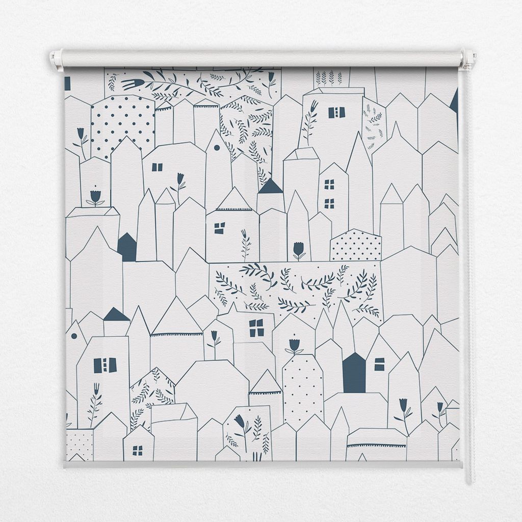 Seitenzug-Rollo Fensterrollo Jalousie - Thermo-Rollo Verdunkelungsrollo - 150x180 cm - Gezeichnete Häuser