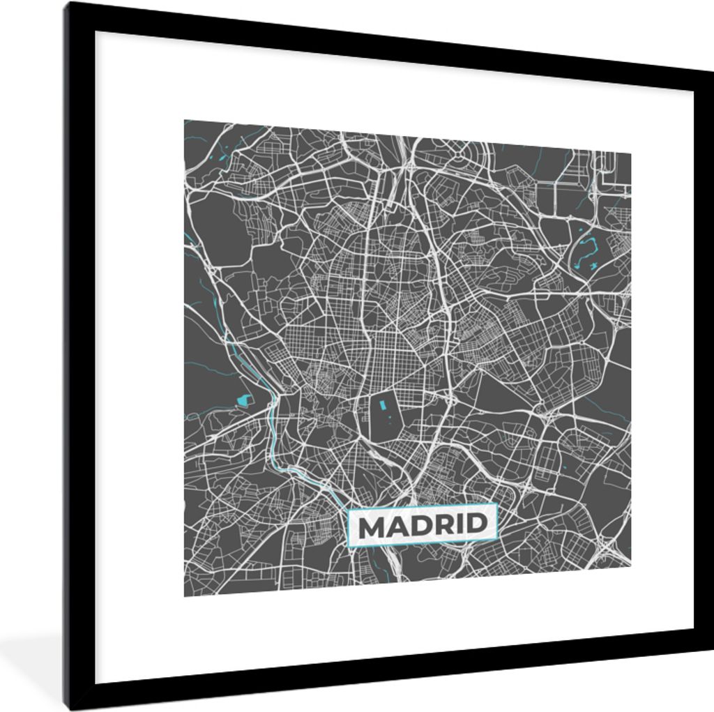 MuchoWow Gerahmtes Poster Madrid - Blau - Karte - Stadtplan 40x40 cm - Poster mit Schwarzem Bilderrahmen Wandposter Rahmen Foto Bilder - Poster -...