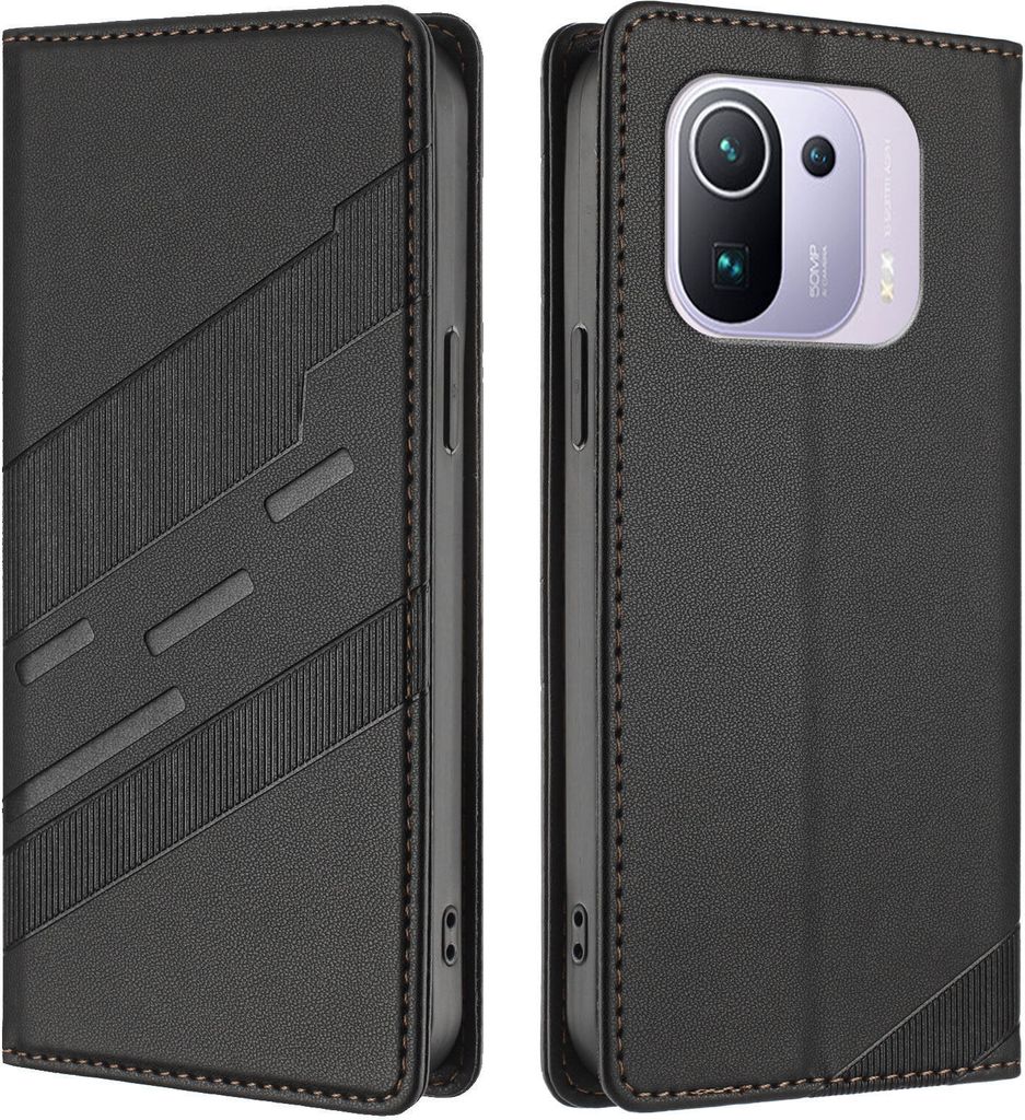 Hülle für Xiaomi 11 Pro, Kunstleder Brieftaschen Handyhülle mit Kartenfach und Standfunktion Schwarz