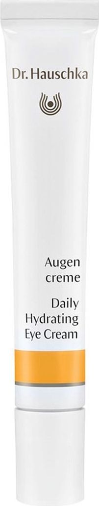 A white tube of Dr. Hauschka Daily Hydrating Eye Cream with an orange band near the bottom.