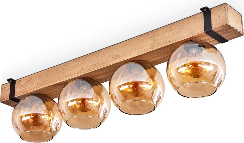 Bollengo Deckenlampe aus Metall/Holz/Glas in Schwarz/Natur/Bernsteinfarben