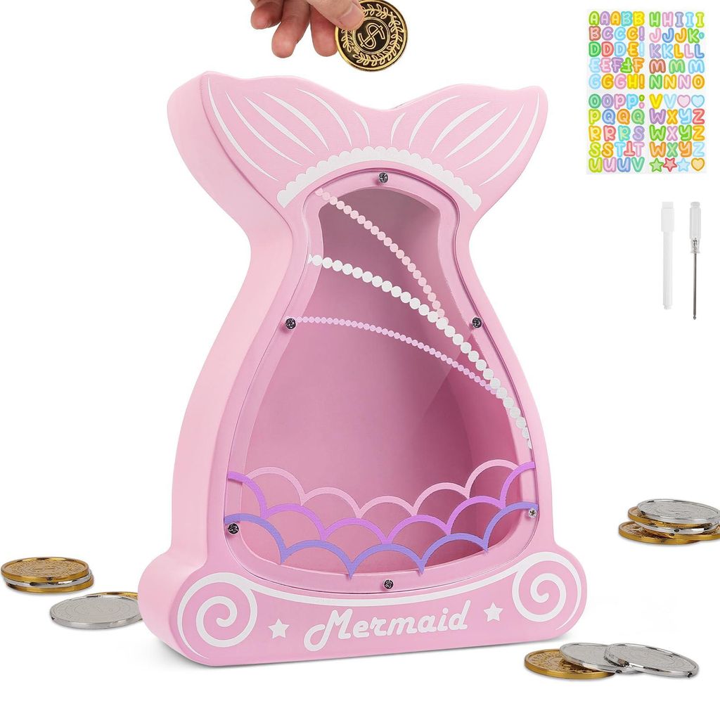 Personalisierte Spardose aus Holz für Kinder, Sparschwein mit Stift und Aufkleber für Mädchen, Jungen und Kinder – Meerjungfrau