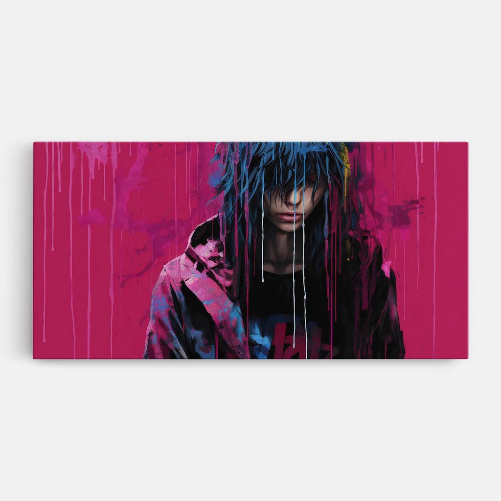 ARTHUB Leinwandbild 50x100 cm, Blue Pink Falling Paint | Wohnzimmerdekoration, Hängende Bilder, Wanddekoration, Heimdekoration, Moderne, Graffiti