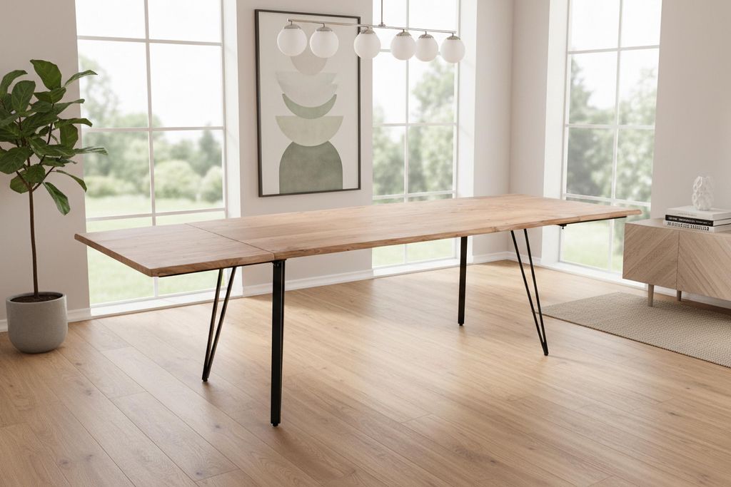 Esstisch Baumkante Akazie natur 160(260)x90 Ansteckplatten Vierfuß-Gestell schwarz AVINO