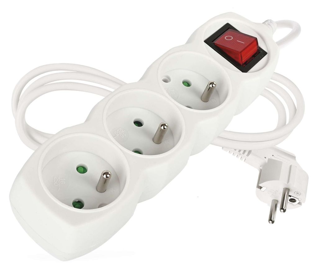Prodlužovací kabel 1,5 m / 3 zásuvky / s vypínačem / bílý / PVC / 1 mm2