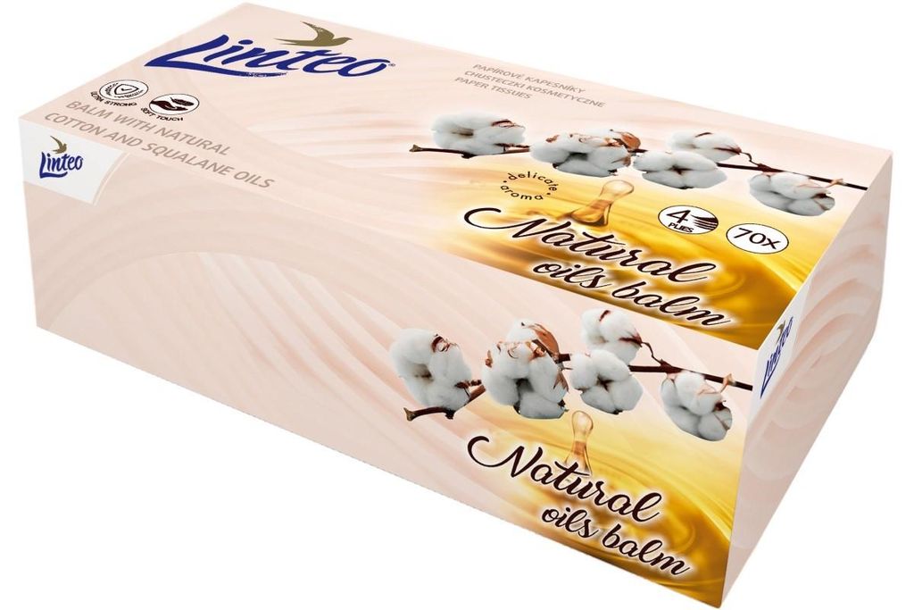 Kapesníčky papírové Linteo Premium, 4vrstvé, bavlníkový olej, 100 % celulóza, bílé, box 70 ks