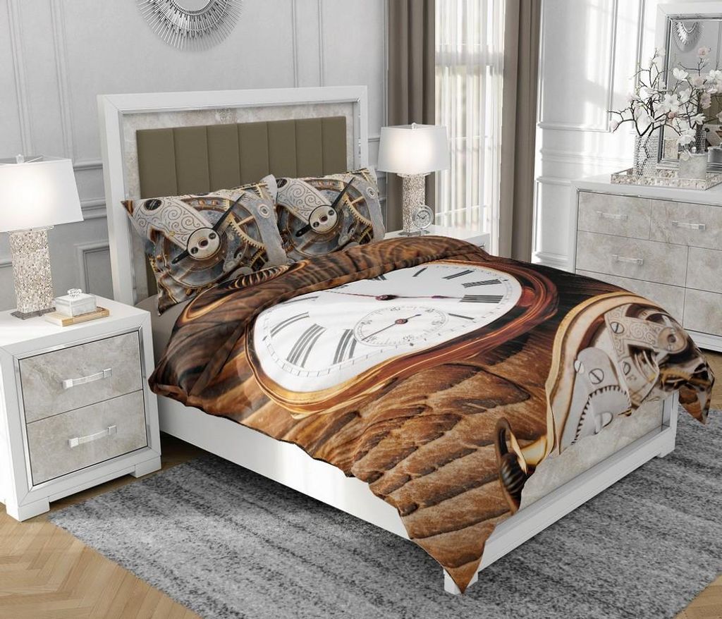 Bettwäsche 160x200 cm + 2x70x80 cm, 3-teilig, 100% Baumwolle, Satin, Reißverschluss, Uhr, Dunkelbraun - SOVIO | So.0081
