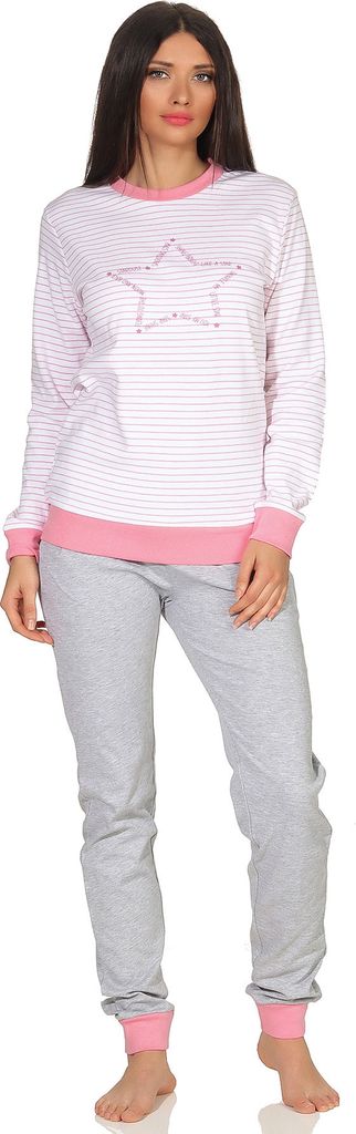 Damen Pyjama gestreift mit Bündchen Sterne Motiv - auch in Übergrößen - Kuschel Interlock ; weiss , 56