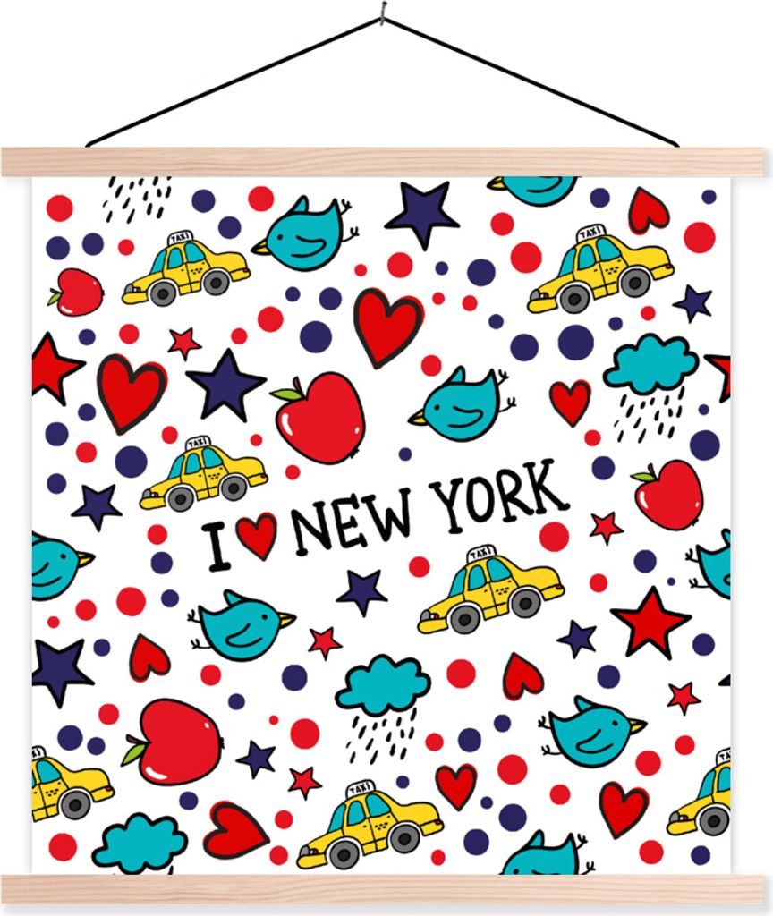MuchoWow Textilposter New York - Zeichnung - Rot 40x40 cm mit holzfarbenen Rahmen - Posterleiste