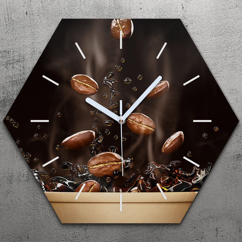 Uhr hexagonal 40 cm Glas Geräuschlos weiße Zeiger - Kaffee Coffee Bohnen