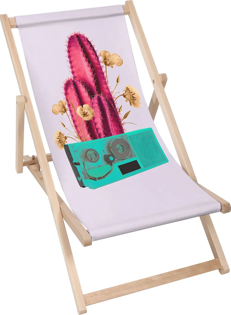 Sdraio Dreamroots pieghevole in legno, fino a 130 kg, sdraio pieghevole con regolazione dell'inclinazione dello schienale in 3 fasi, Reto Pink Cactus on Radio