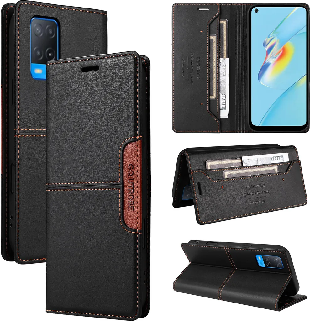 Custodia per Oppo A54 4G/A55 5G/A16/A56 5G, custodia in pelle flip wallet con slot per schede e supporto Nero
