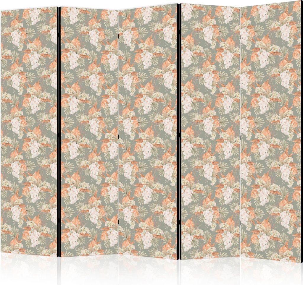 5-teiliger Doppelseitiger Vlies Paravent - Little Bouquets - Exotic Flowers and Leaves on a Gray-Green Background 225x172 cm Blumen b-B-10448-z-b