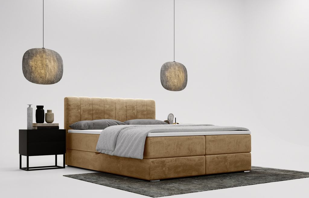 Boxspringbett mit Matratze 120x200 Forte - Doppelbett, Kontinentalbett, Schlafzimmerbett - Samtstoff & Bettkasten - Beige (Amor Velvet 4302)