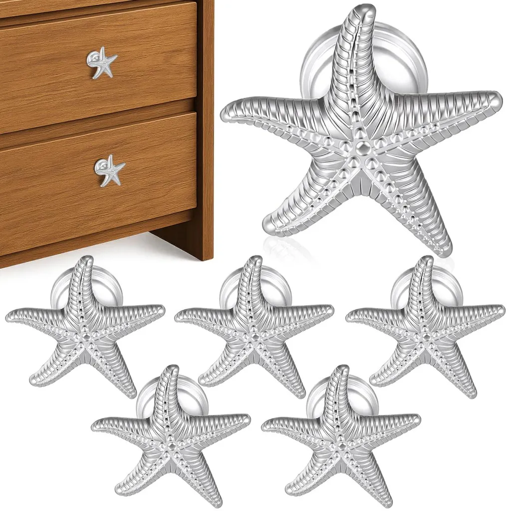 Lot de 6 poignées de porte étoile de mer en alliage de zinc argenté