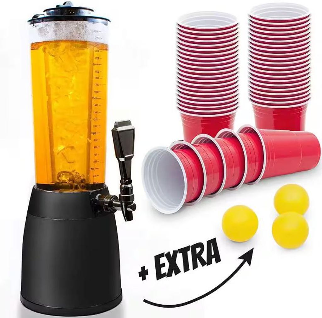 XXL Kult Spalte Biertrinksäule Turm + 50 Tassen - 4L | Extra Volumen Getränke Tower Zapfanlage mit Kühlung | Party Biertower fur all Getranke Ge...