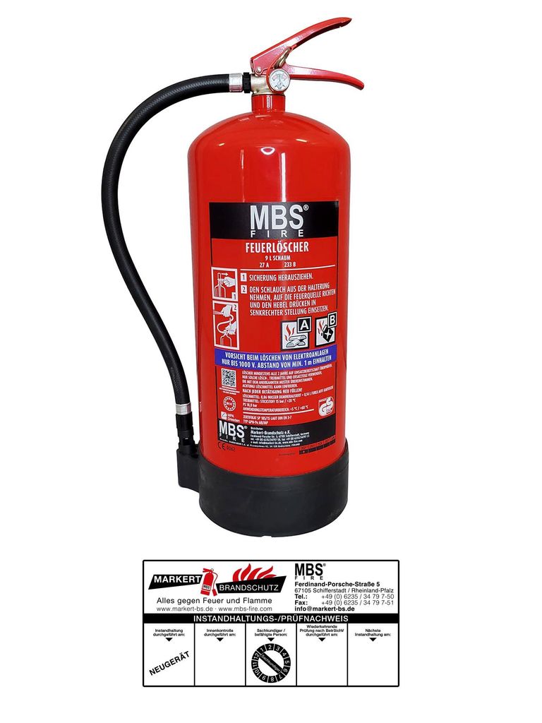 MBS FIRE 9l AB Schaum Feuerlöscher DIN EN 3 A/B 27A 233B= 9LE